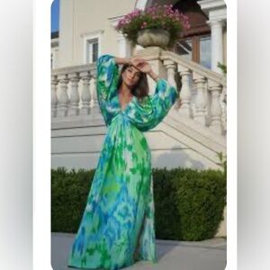 Hemant & Nandita Vida Blue Green Long Maxi Dress Kaftan $585 size Large